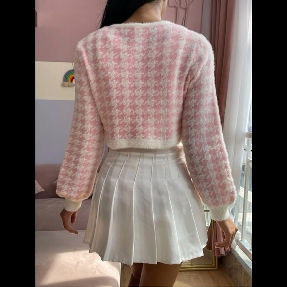 2pcs Set Drop Shoulder Long Sleeve Front Button Houndstooth Knit Cardigan Pink S - Picture 3 of 6